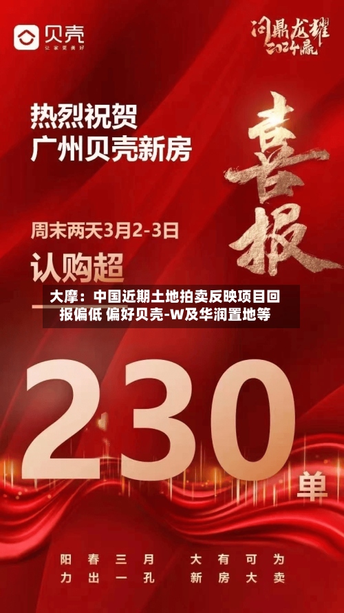 大摩：中国近期土地拍卖反映项目回报偏低 偏好贝壳-W及华润置地等-第2张图片