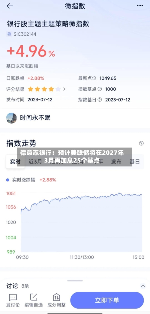 德意志银行：预计美联储将在2027年3月再加息25个基点
