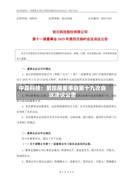 中晶科技：第四届董事会第十九次会议决议公告