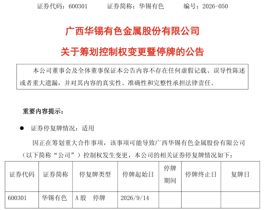 华锡有色，筹划控制权变更	，下周一停牌